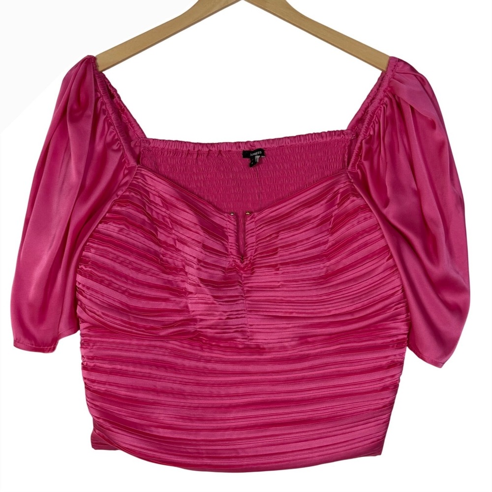 Express‎ Womens XL Pink Ruched Puff Sleeve Crop Top Smocked Coquette New